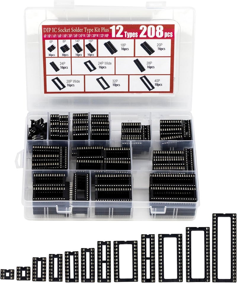 jujinglobal 208pcs 12 Types DIP IC Socket Assortment Kit 2.54mm 0.1" Pitch 6 8 14 16 18 20 24 24Wide 28 28Wide 32 40 Pin DIP IC Socket Solder Type Adaptor Assortment Kits - Image 1